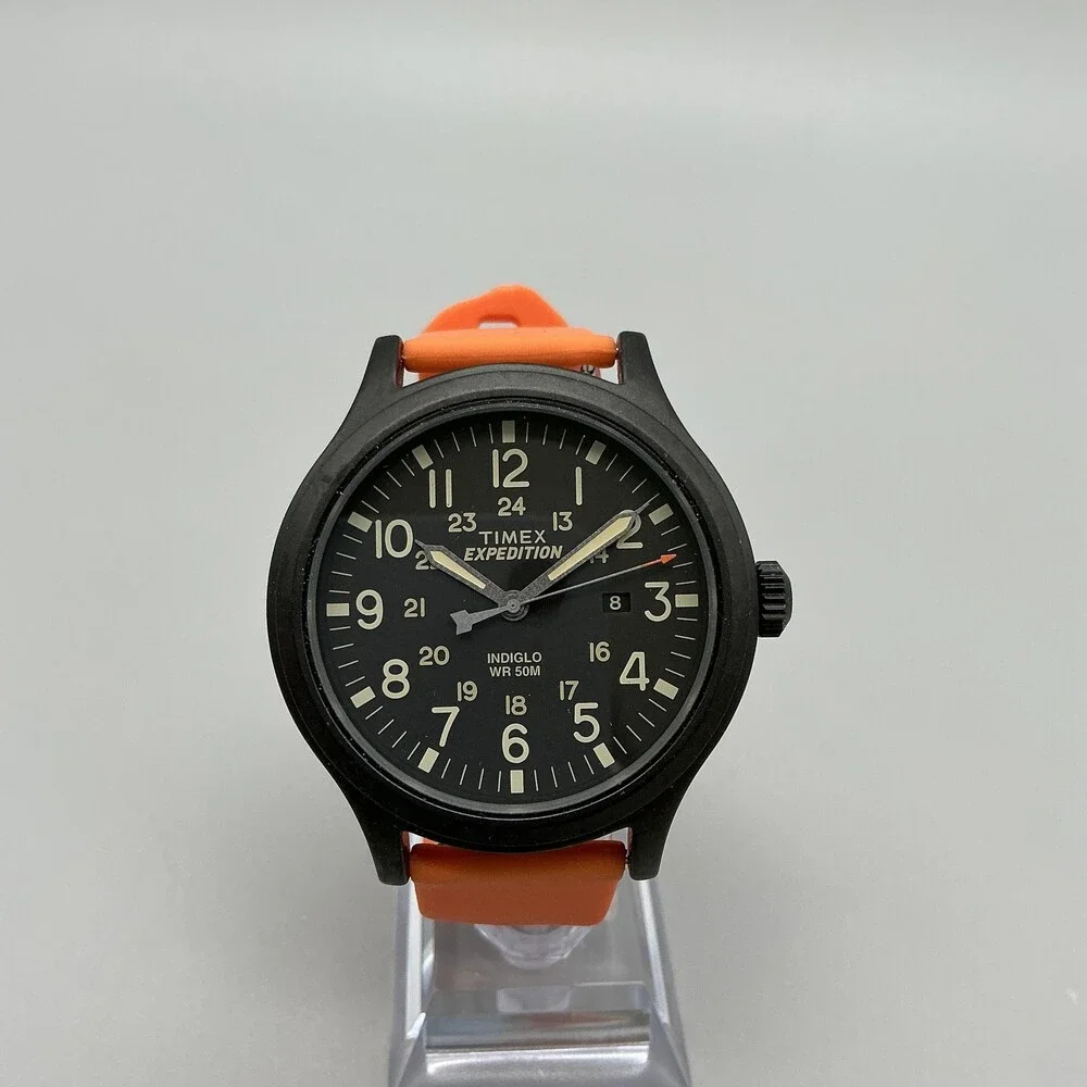 Timex Expedition Mens Watch 43mm Black Dial Orange Silicone Indiglo Date WR 50M